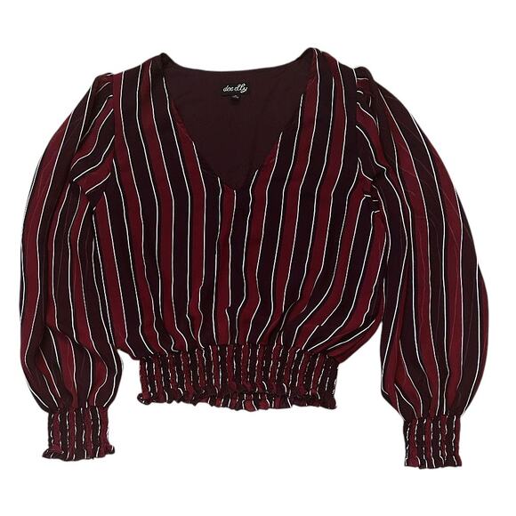 Dee Elly V-Neck Smocked Cuff Tapered Long Sheer Sleeve Red & Black Top Medium - Picture 1 of 6